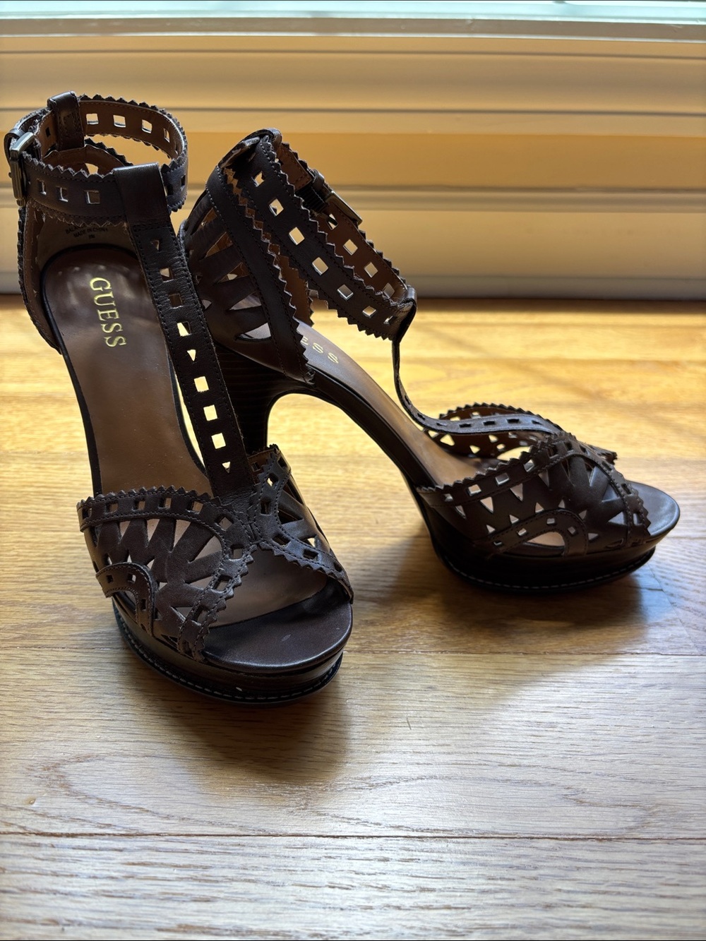 GUESS Dark Brown Laser-Cut Leather Platform Sandals